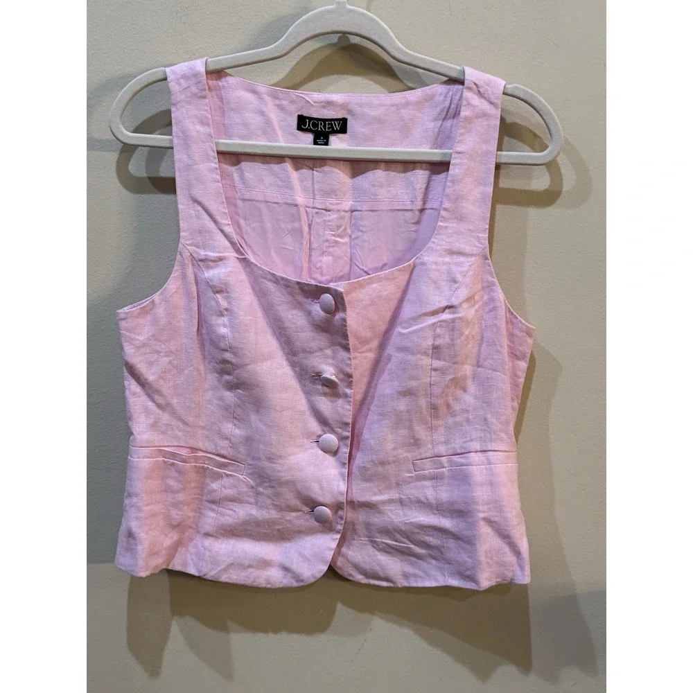 J. Crew Women's Light Pink Scoopneck Linen Covered Button Front Vest Size 8‎